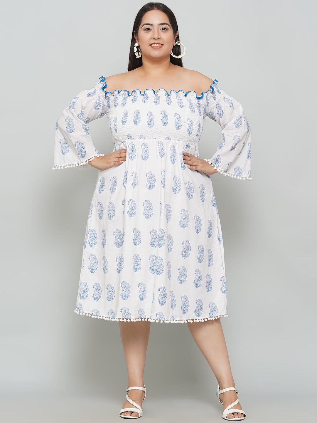 White Sanganeri Paisley Handblock Printed  Off Shoulder Cotton Dress