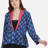 Indigo Handblock Print Peplum Jacket with Pink Collar