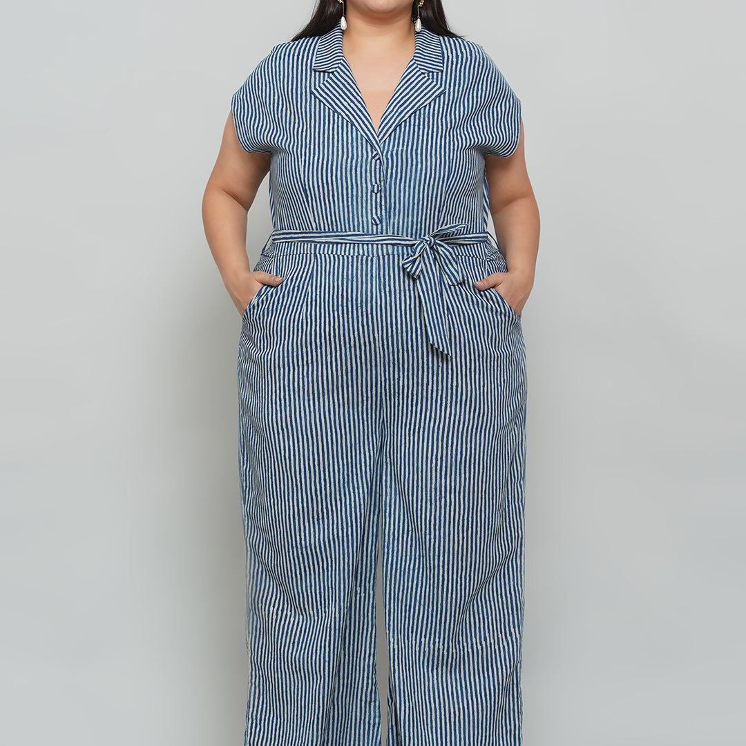 Indigo Handblock Printed Stripe Cotton Jumpsuit