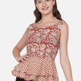 Red Bagru Handblock Printed Peplum Cotton Top