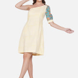 Yellow Stripe Sanganeri Sleeve Handblock Printed Cotton Dress
