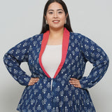 Indigo Handblock Print Peplum Jacket with Pink Collar