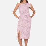 Pink Sanganeri Handblock Printed One Shoulder Dress