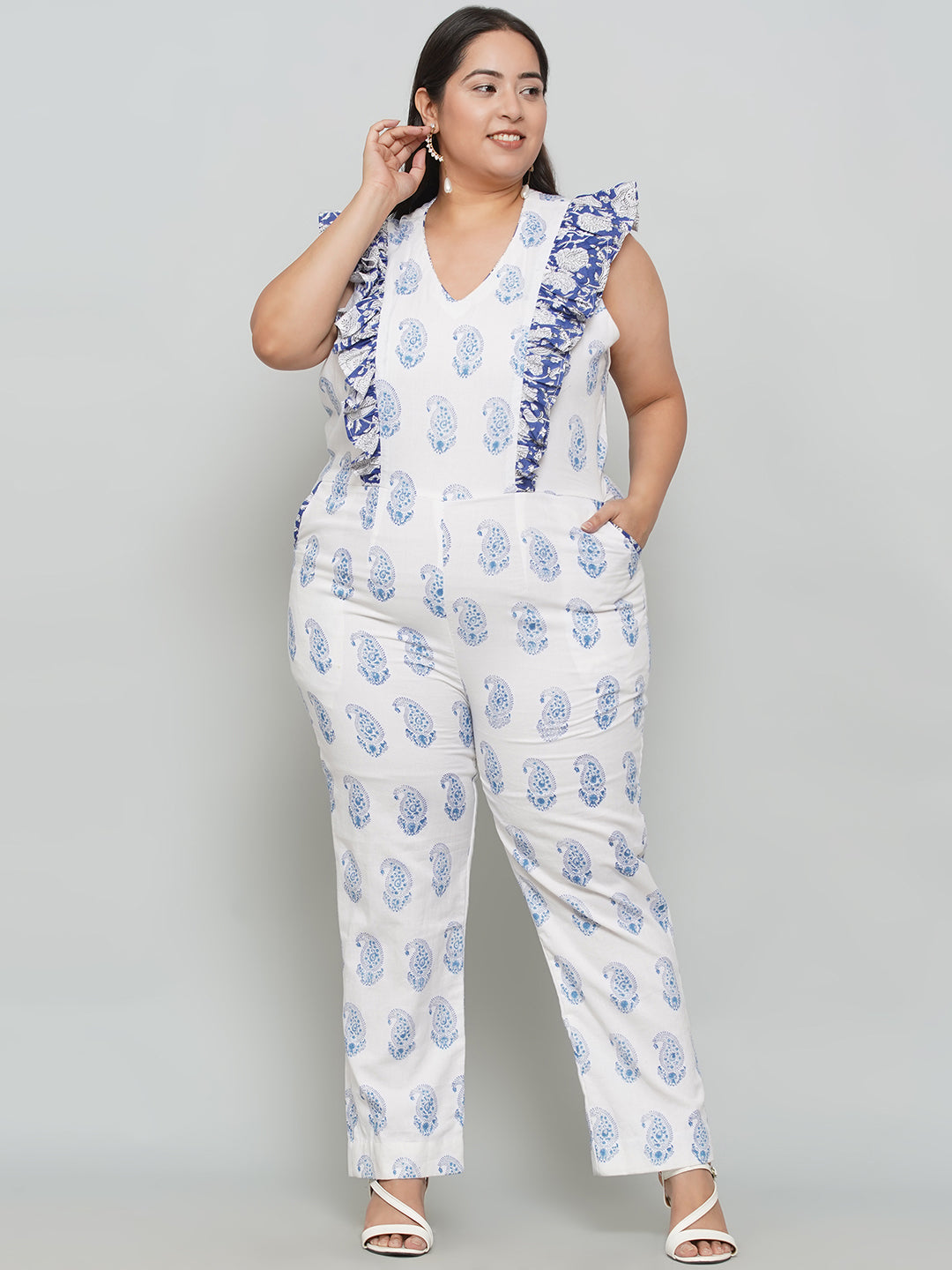 White Sanganeri Paisley Handblock Printed Cotton Jumpsuit