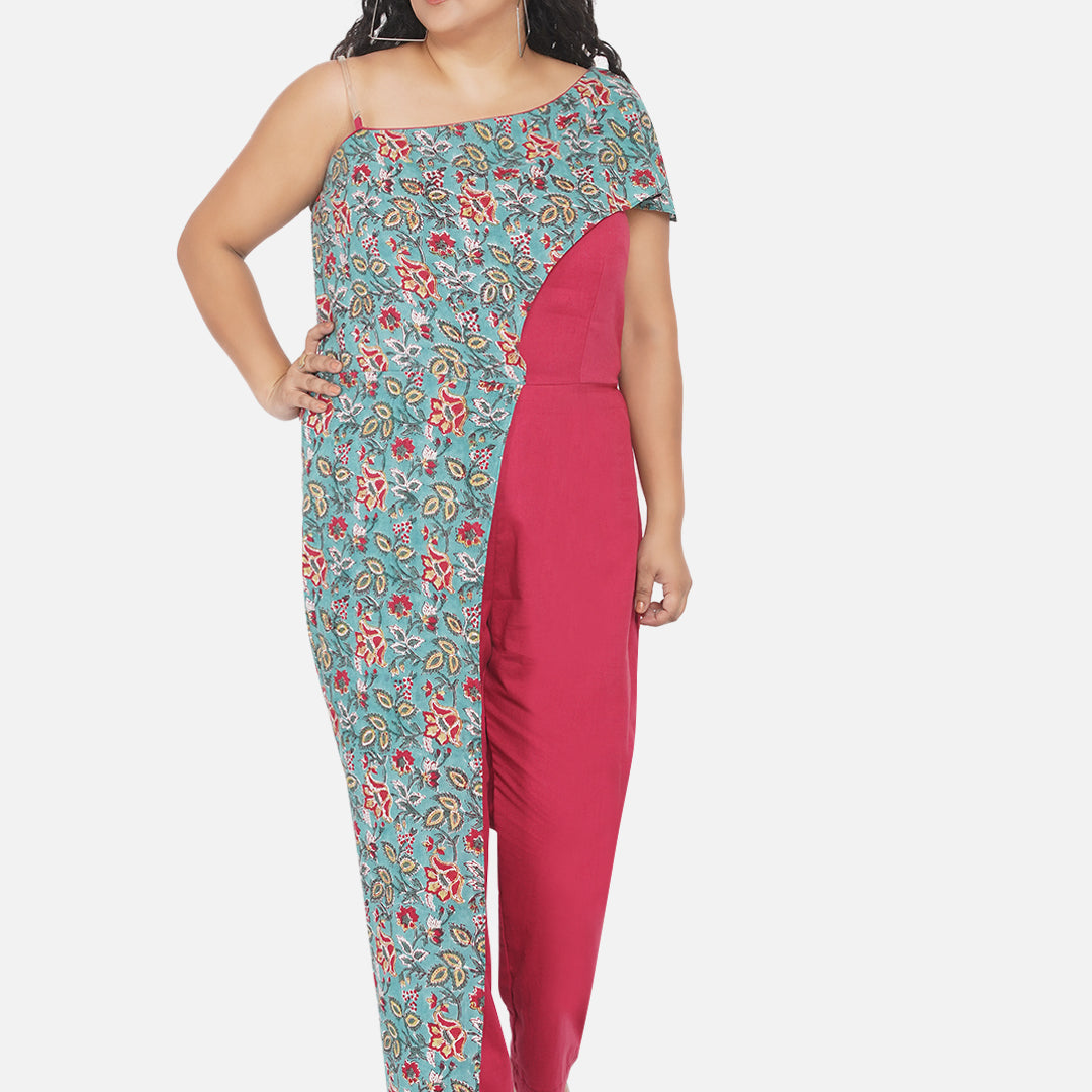 Red & Green Sanganeri Handblock Printed Overlap  Cotton Jumpsuit