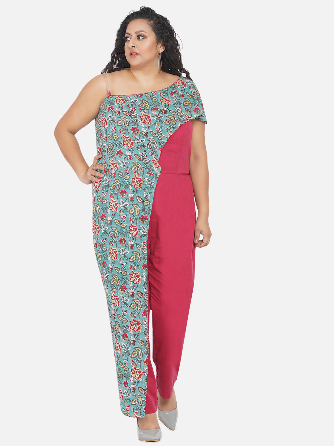 Red & Green Sanganeri Handblock Printed Overlap  Cotton Jumpsuit