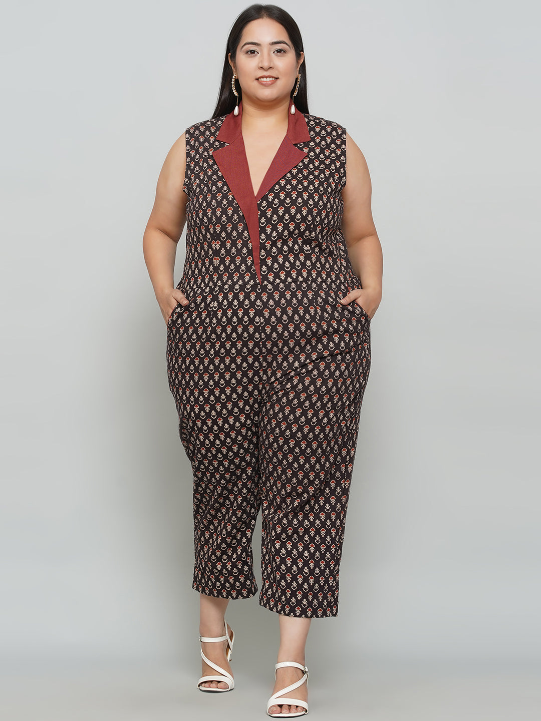 Black & Maroon Bagru  Handblock Printed Cotton Jumpsuit