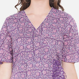Purple Sanganeri Handblock Printed Wrap Style Cotton Dress
