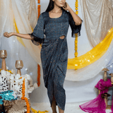 Ajrakh Indigo handblock printed Modal Silk Cutout Dress with Butterfly Sleeves