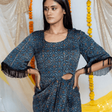 Ajrakh Indigo handblock printed Modal Silk Cutout Dress with Butterfly Sleeves