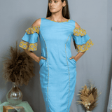 Denim Cold Shoulder Dress with Mustard Bagru Handblock Printed Sleeves
