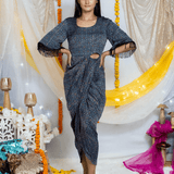 Ajrakh Indigo handblock printed Modal Silk Cutout Dress with Butterfly Sleeves