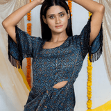 Ajrakh Indigo handblock printed Modal Silk Cutout Dress with Butterfly Sleeves