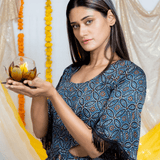 Ajrakh Indigo handblock printed Modal Silk Cutout Dress with Butterfly Sleeves