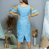 Denim Cold Shoulder Dress with Mustard Bagru Handblock Printed Sleeves