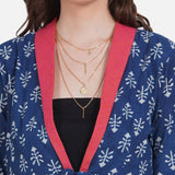 Indigo Handblock Print Peplum Jacket with Pink Collar
