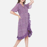 Purple Sanganeri Handblock Printed Wrap Style Cotton Dress