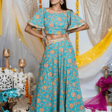 Blue Sanganeri Handblock Printed Butterfly Sleeves Lehenga Choli