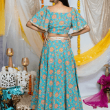 Blue Sanganeri Handblock Printed Butterfly Sleeves Lehenga Choli