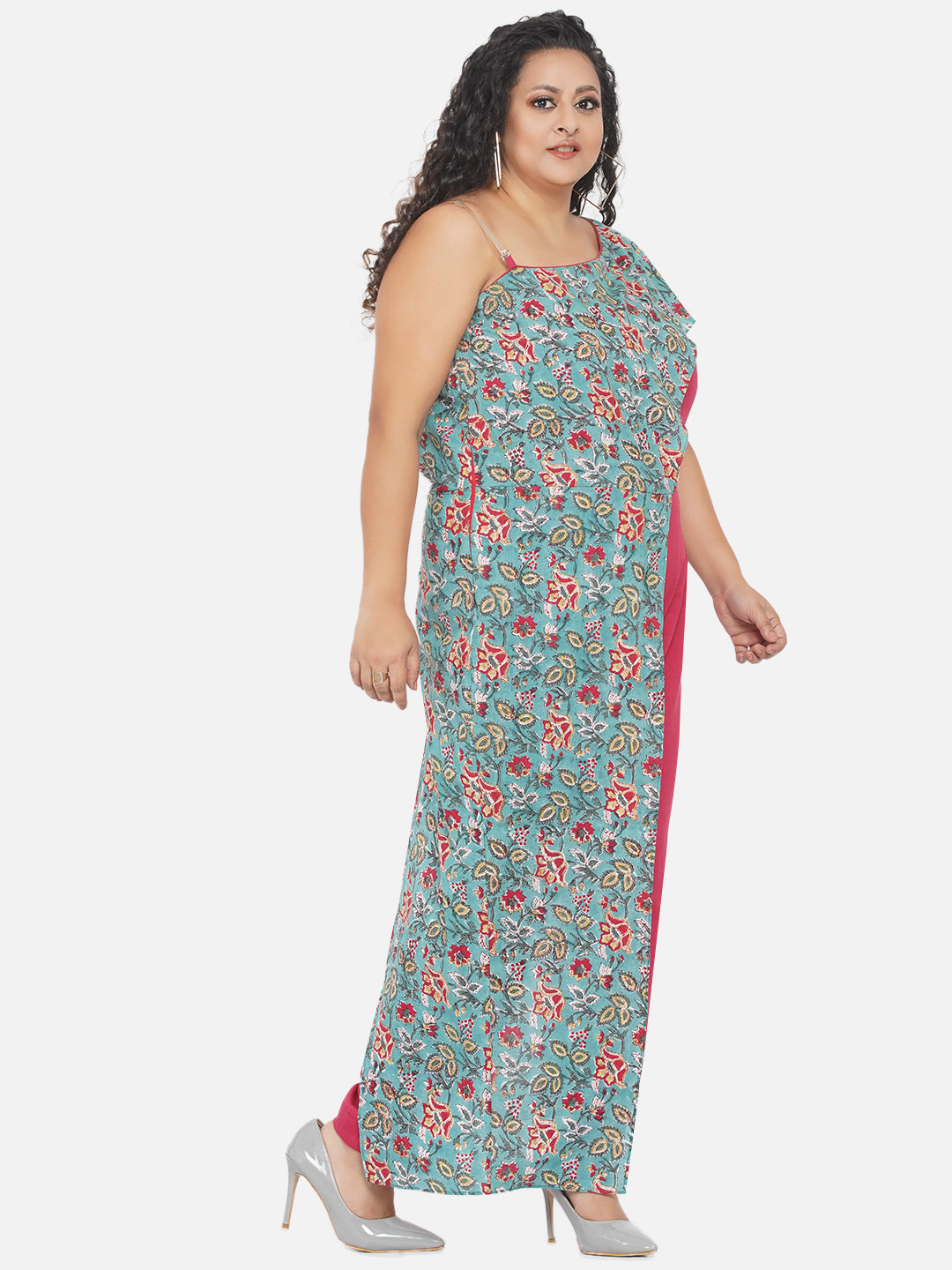 Red & Green Sanganeri Handblock Printed Overlap  Cotton Jumpsuit