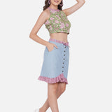 Sanganeri Halter Top with Denim Skirt