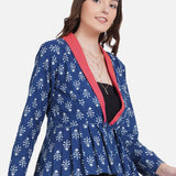 Indigo Handblock Print Peplum Jacket with Pink Collar