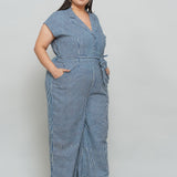 Indigo Handblock Printed Stripe Cotton Jumpsuit