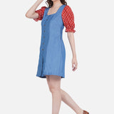 Denim Dress with Bagru Handblock Printed Sleeves