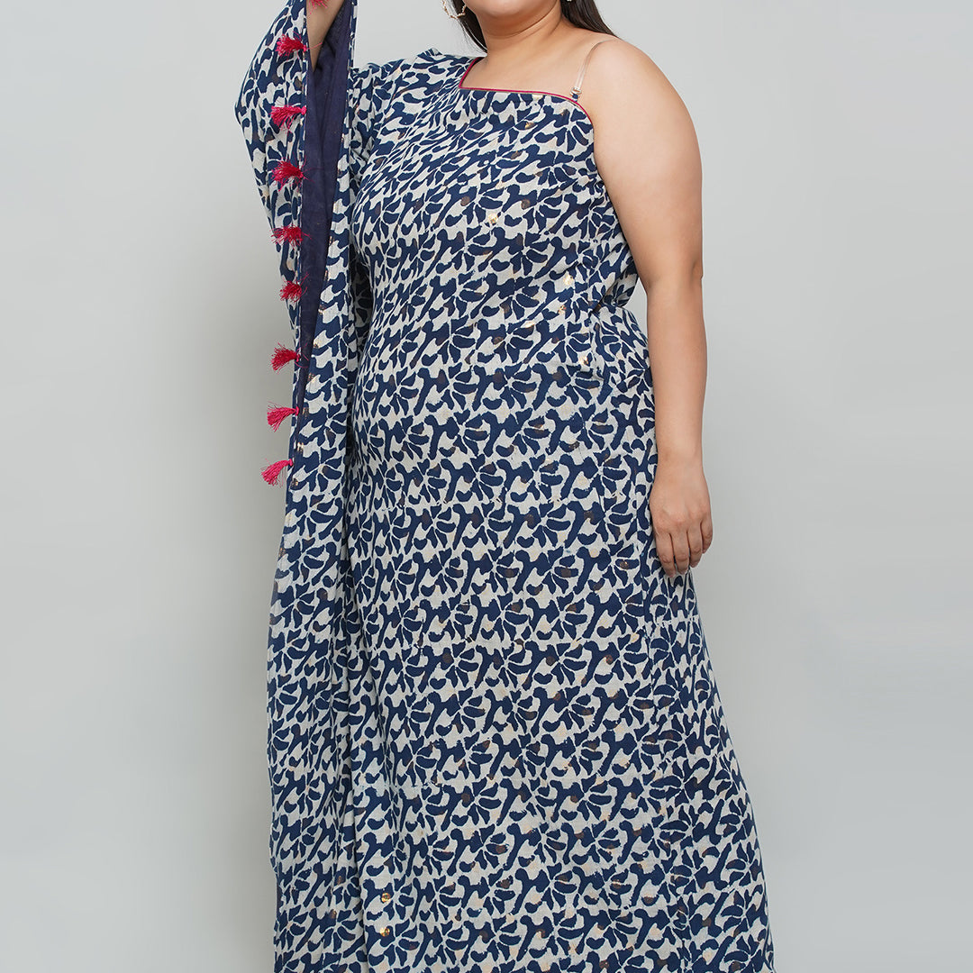 Indigo Handblock printed One Shoulder Kaftan Maxi Dress