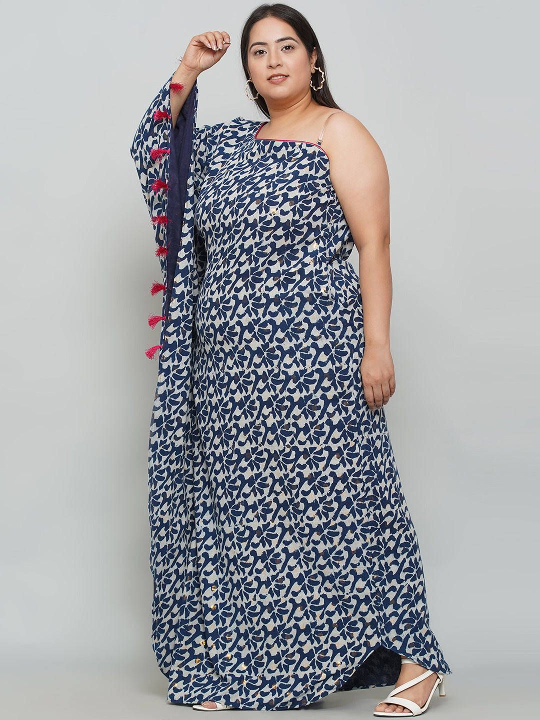 Indigo Handblock printed One Shoulder Kaftan Maxi Dress