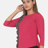 Red Cotton Top with Ajrakh Handblock Printed Frill