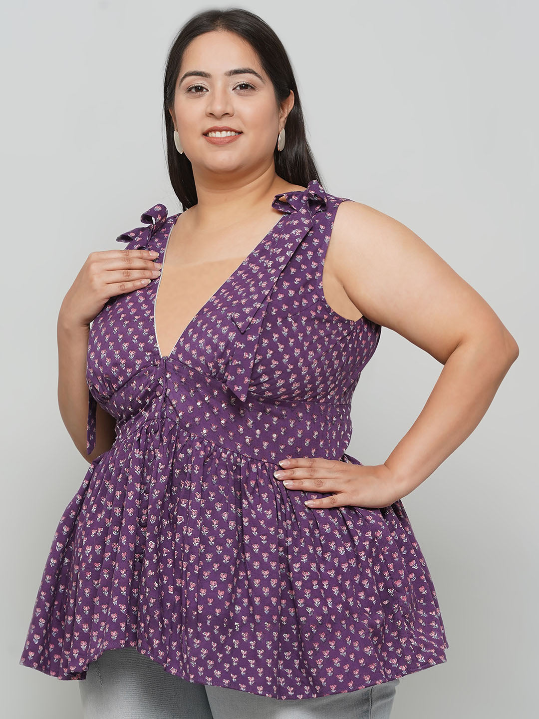 Purple Sanganeri Handblock Printed Cotton Top