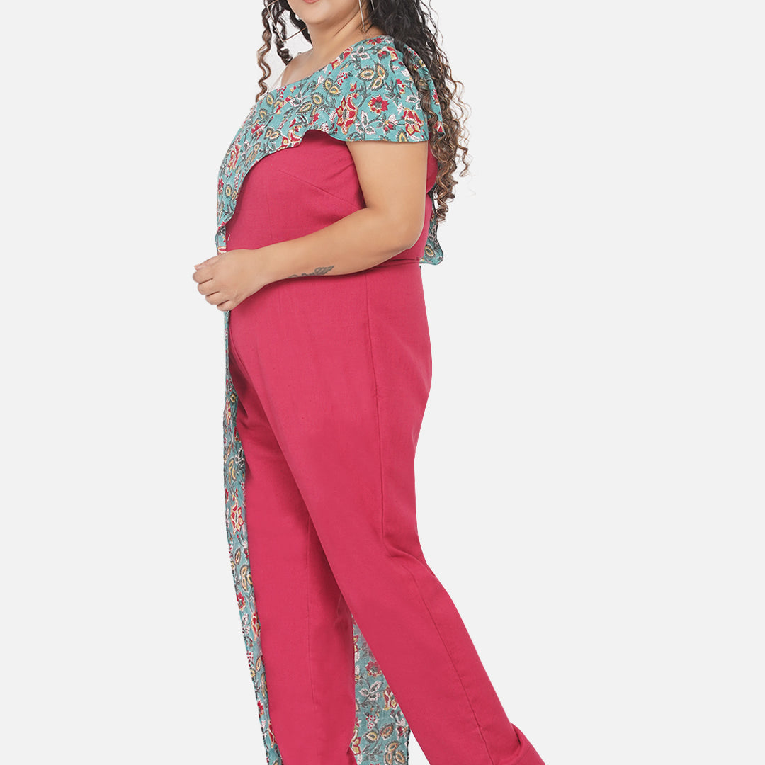 Red & Green Sanganeri Handblock Printed Overlap  Cotton Jumpsuit