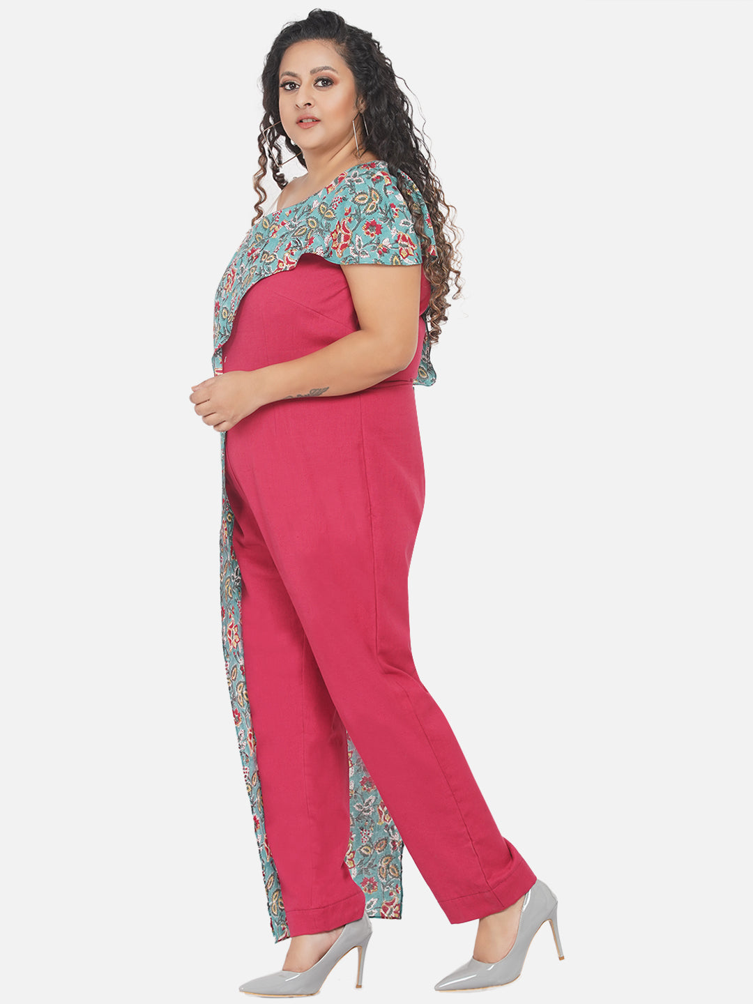 Red & Green Sanganeri Handblock Printed Overlap  Cotton Jumpsuit