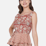 Red Bagru Handblock Printed Peplum Cotton Top