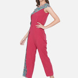 Red & Green Sanganeri Handblock Printed Overlap  Cotton Jumpsuit
