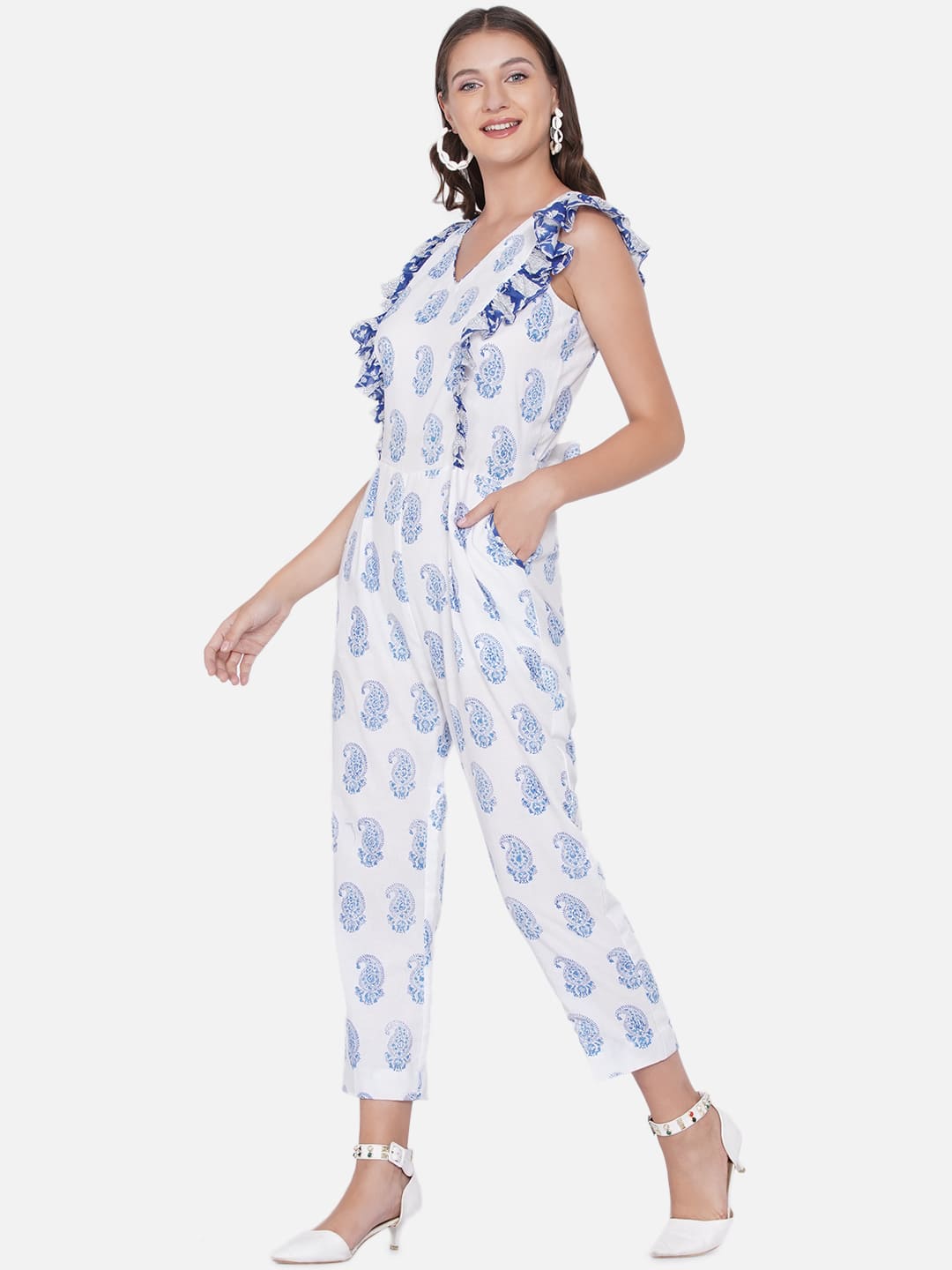 White Sanganeri Paisley Handblock Printed Cotton Jumpsuit