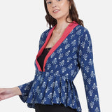 Indigo Handblock Print Peplum Jacket with Pink Collar
