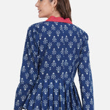 Indigo Handblock Print Peplum Jacket with Pink Collar