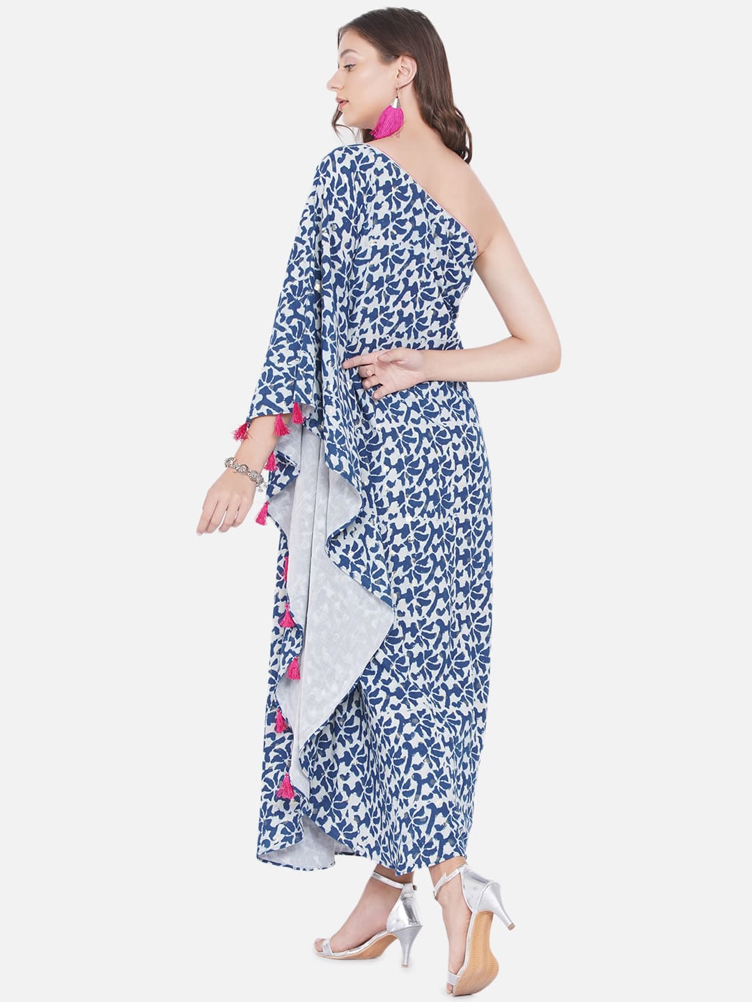 Indigo Handblock printed One Shoulder Kaftan Maxi Dress