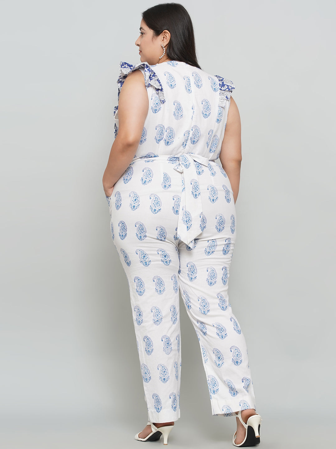 White Sanganeri Paisley Handblock Printed Cotton Jumpsuit