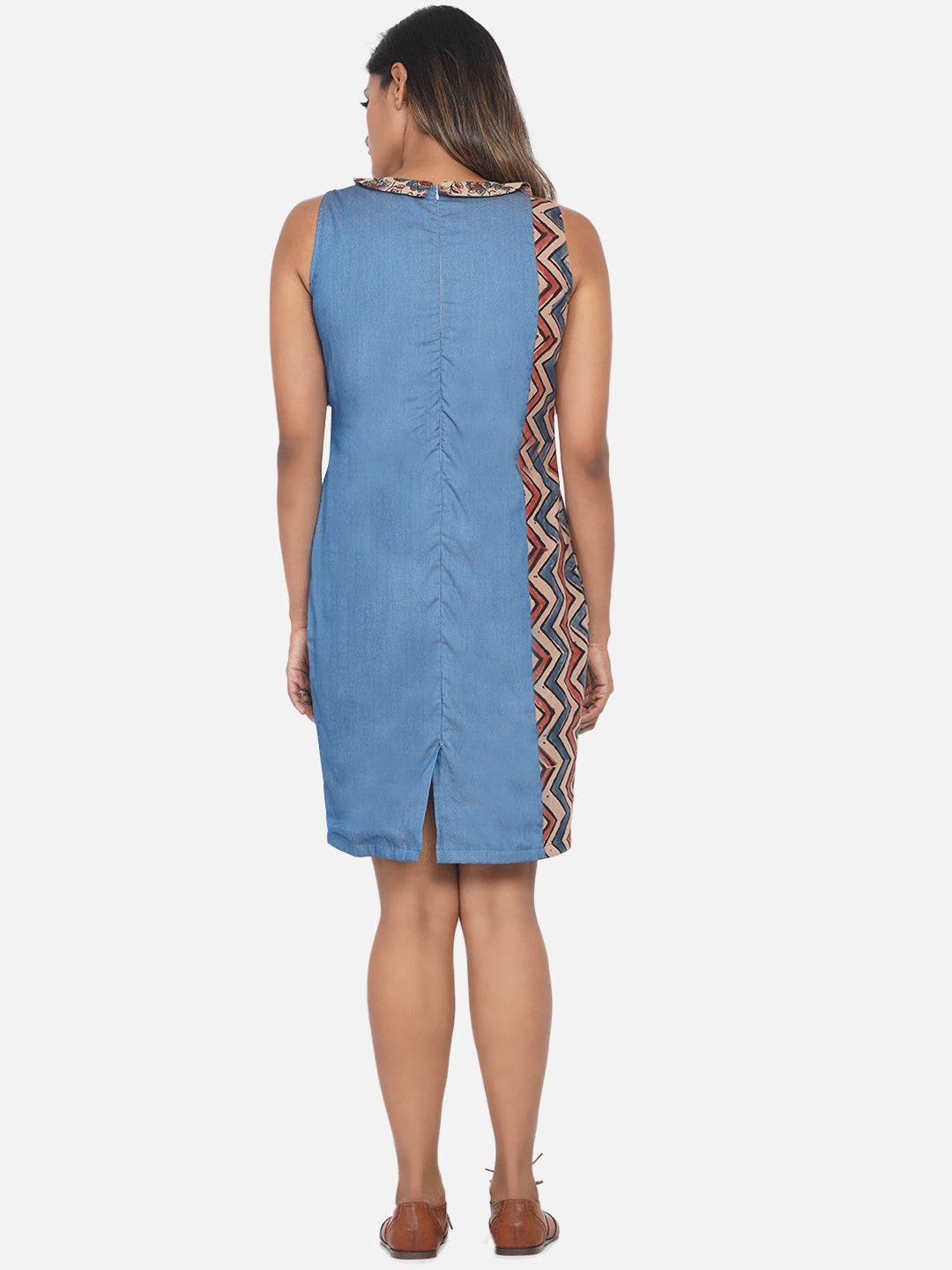 Ajrakh handblock printed collar and pocket Denim Dress