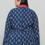Indigo Handblock Print Peplum Jacket with Pink Collar
