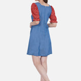 Denim Dress with Bagru Handblock Printed Sleeves