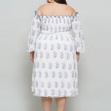 White Sanganeri Paisley Handblock Printed  Off Shoulder Cotton Dress