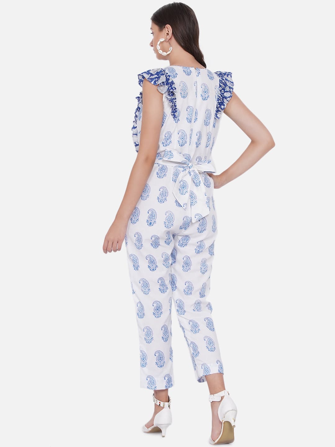 White Sanganeri Paisley Handblock Printed Cotton Jumpsuit