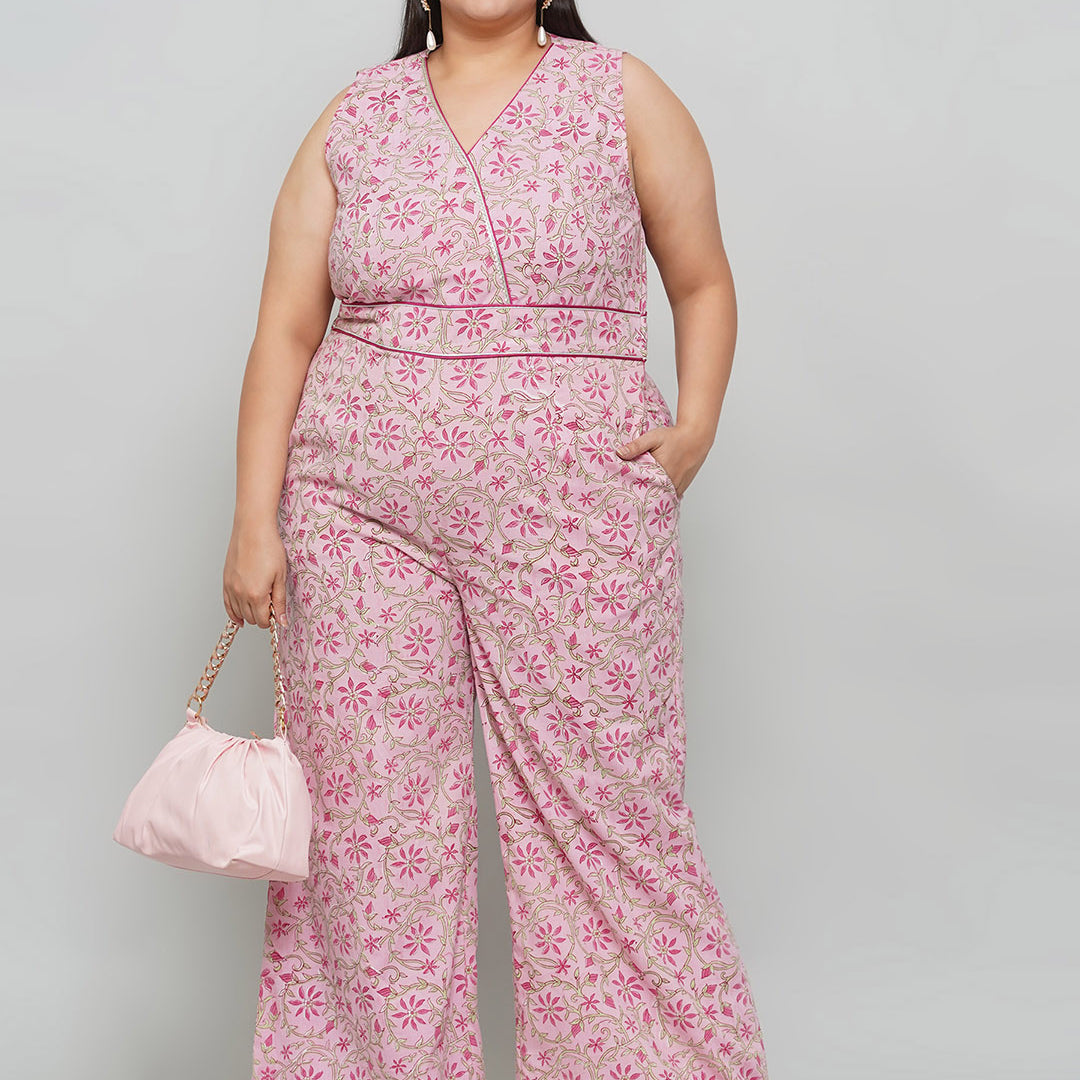 Pink Sanganeri Handblock Printed Cotton Jumpsuit