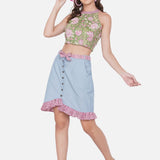 Sanganeri Halter Top with Denim Skirt