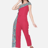 Red & Green Sanganeri Handblock Printed Overlap  Cotton Jumpsuit