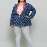 Indigo Handblock Print Peplum Jacket with Pink Collar